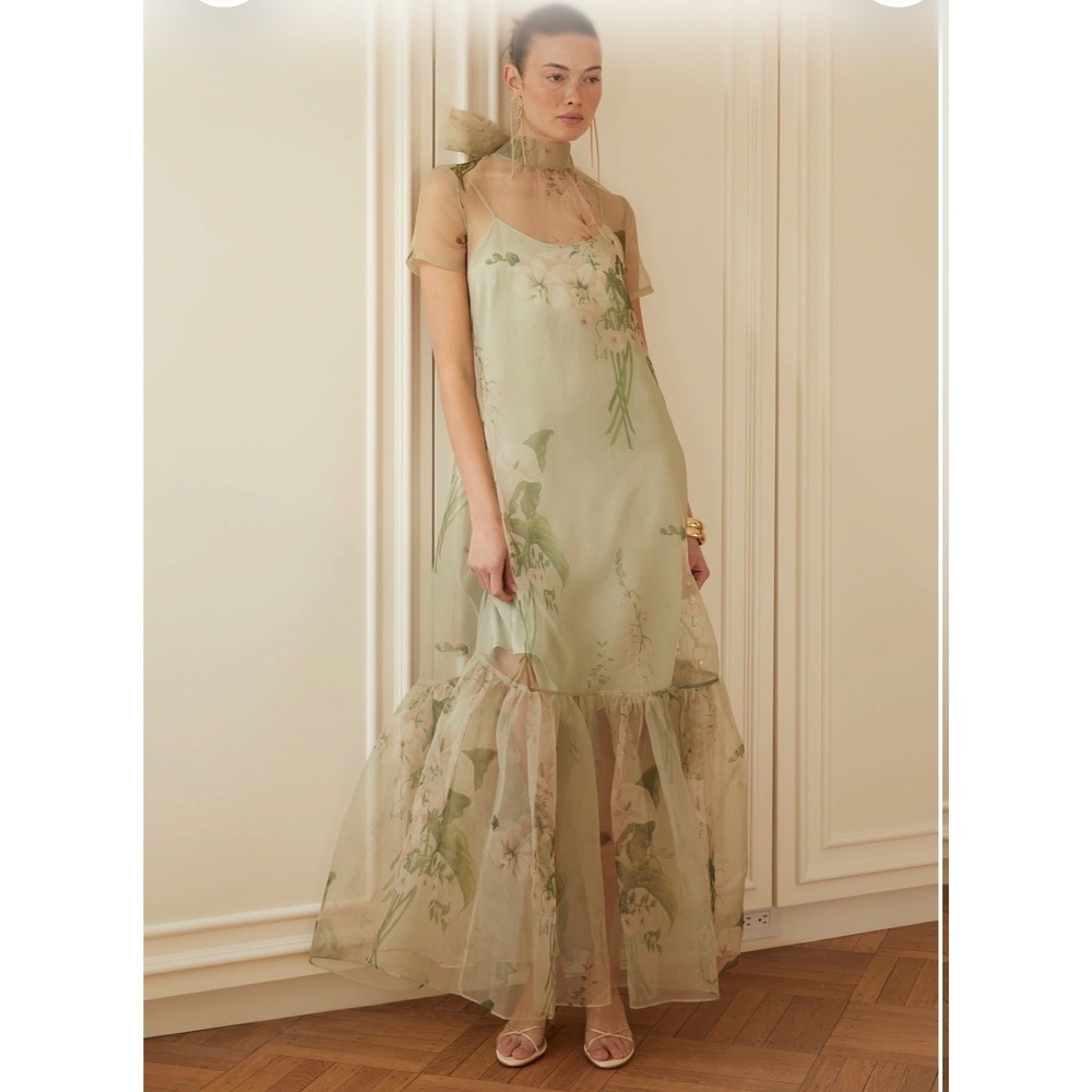 CAARA Floral Organza Sheer Maxi Dress with Slip Sage Green XL NWT